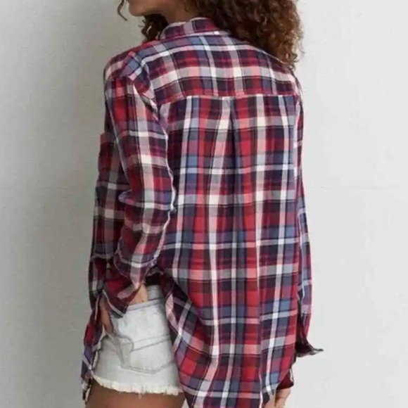 Women’s American Eagle Oversized Flannel Shirt, Sz S/P Navy/Ref Plaid, EUC - Picture 4 of 4